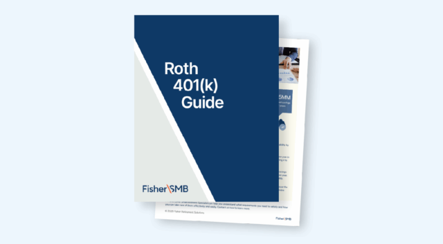 Cover of Fisher SMB’s Roth 401(k) Guide resource. The design features a navy blue section with the title ‘Roth 401(k) Guide’ in white text, angled over a light gray background. The Fisher SMB logo appears at the bottom. A partially visible checklist page is shown behind the cover over a light blue background.