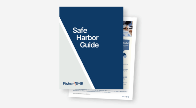 Cover of Fisher SMB’s Safe Harbor Guide resource. The design features a navy blue section with the title ‘Safe Harbor Guide’ in white text, angled over a light gray background. The Fisher SMB logo appears at the bottom. A partially visible checklist page is shown behind the cover over a light grey background.