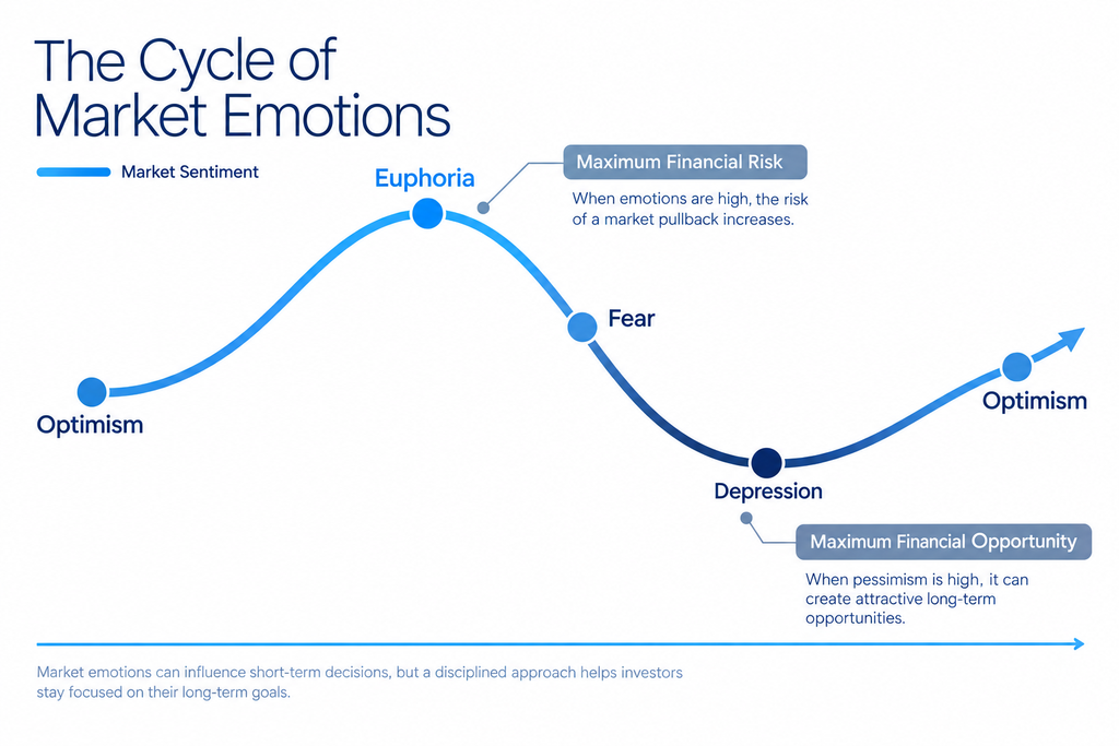 Illustration of the market emotion cycle, showing investor sentiment moving from optimism to euphoria, fear, depression, and back to optimism over time.